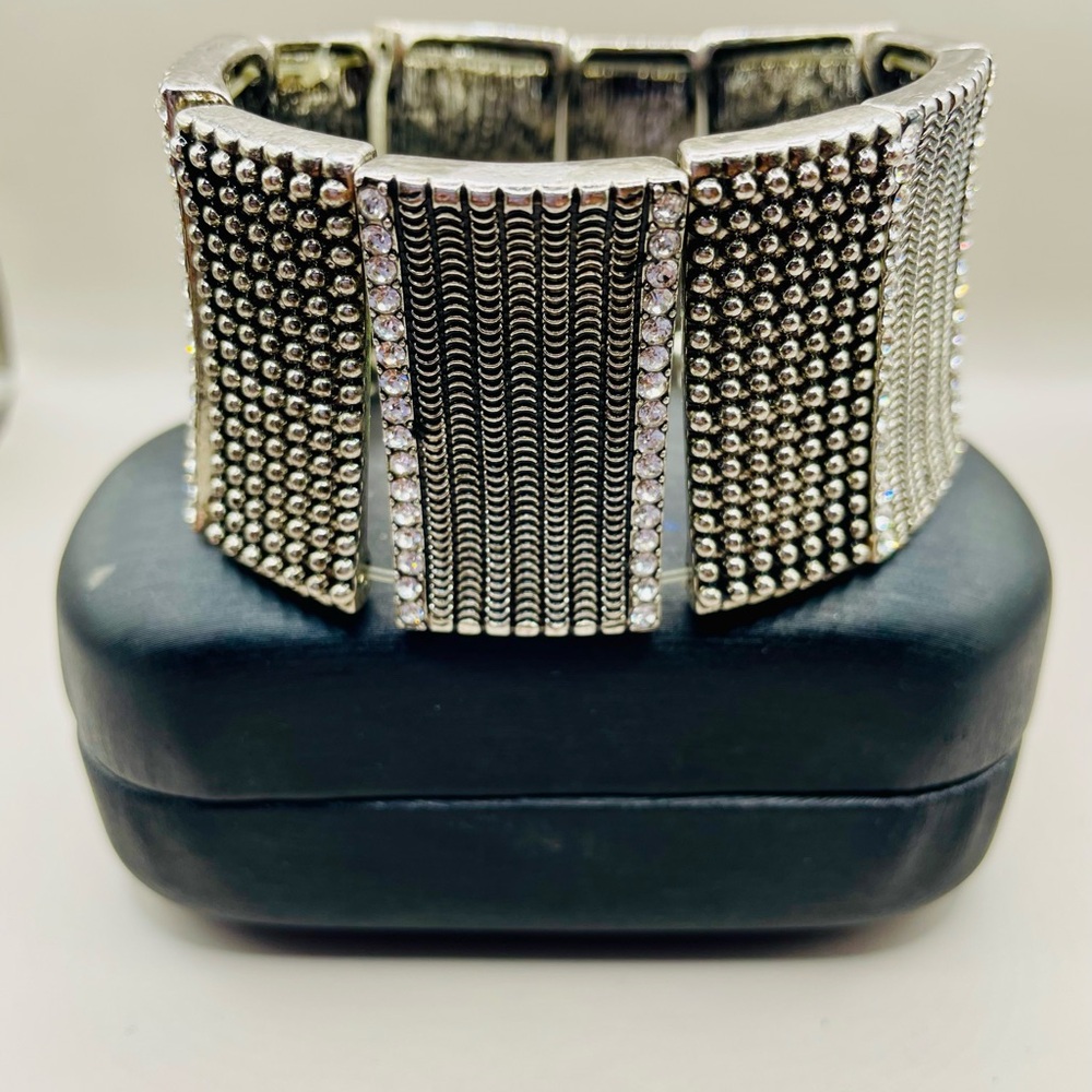 Patterned Rectangle And Rhinestone Stretch Bracel… - image 2